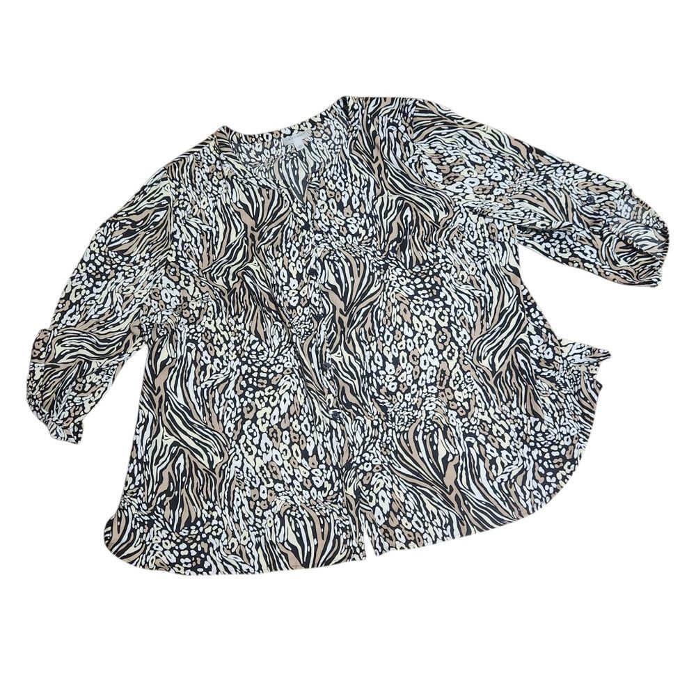 Catherine's Plus Blouse 3X Animal Print Loose Fit Notch Neck 3/4 Roll Sleeve